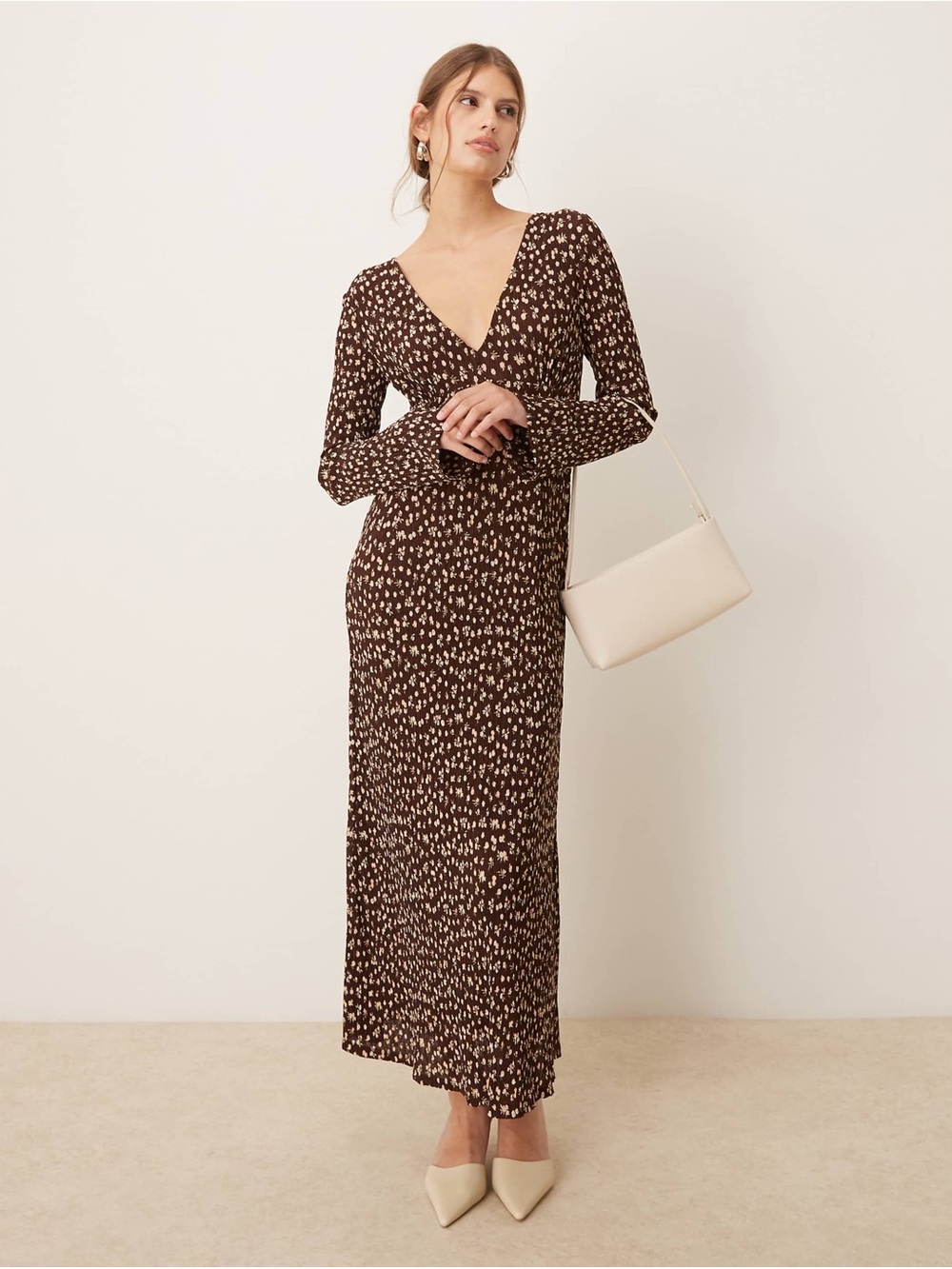 Mango Brown Floral V-Neck Long Sleeve Maxi Dress - Size US8